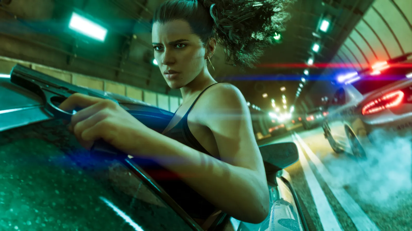 Lucia firing from a car during a police chase in GTA 6, official screenshot
