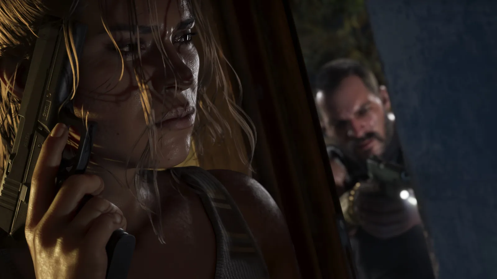 Lucia hiding with a pistol in GTA 6, official screenshot